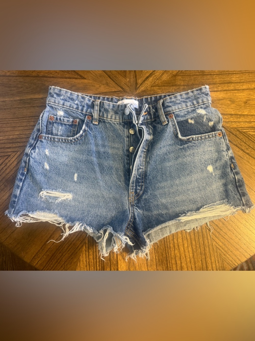 Zara Light Blue Distressed Denim Button-Fly Shorts
